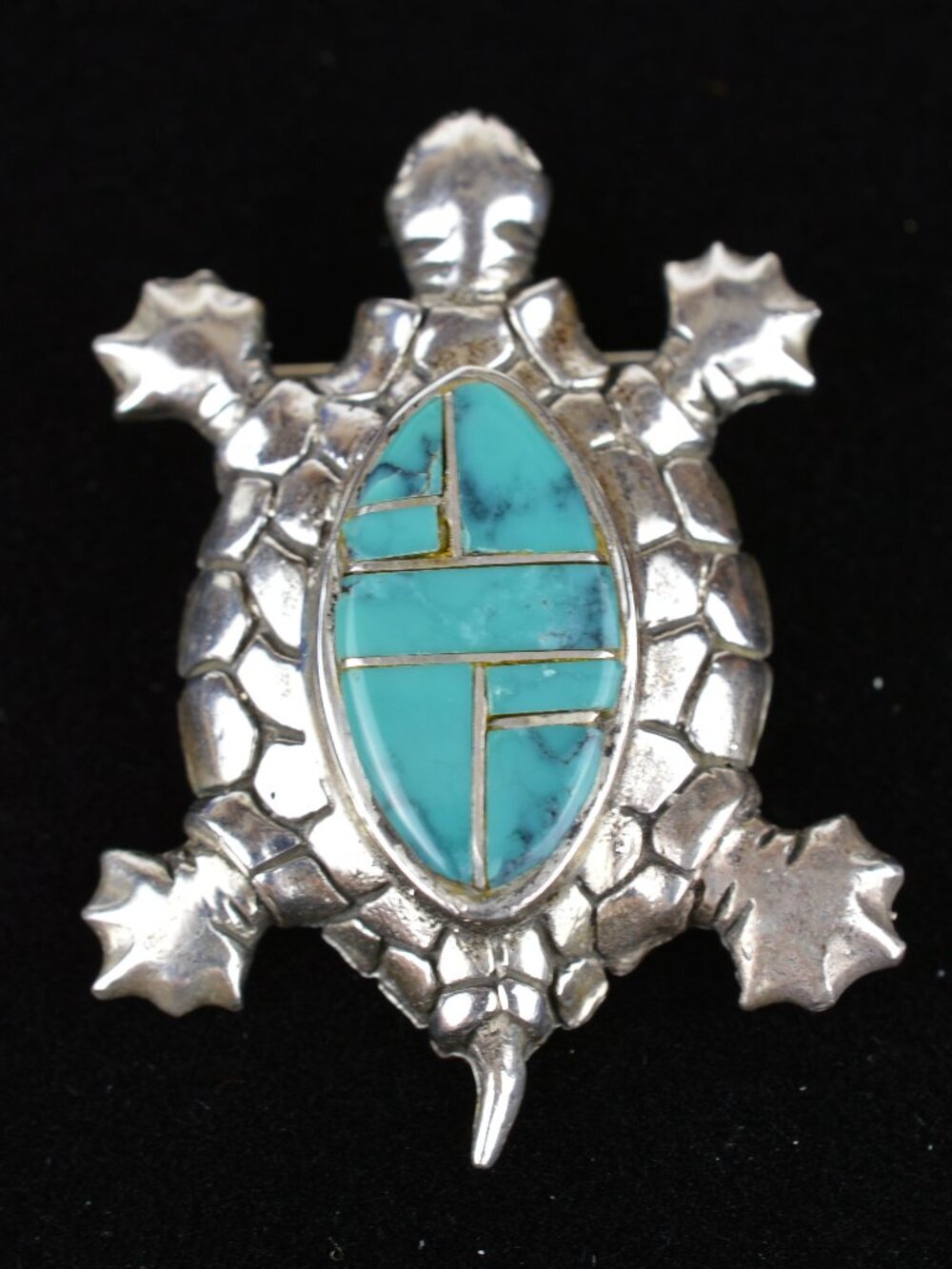 Vintage Sterling Silver Mosaic Turquoise Inlay Turtle Pin Pendant Brooch 12.6g